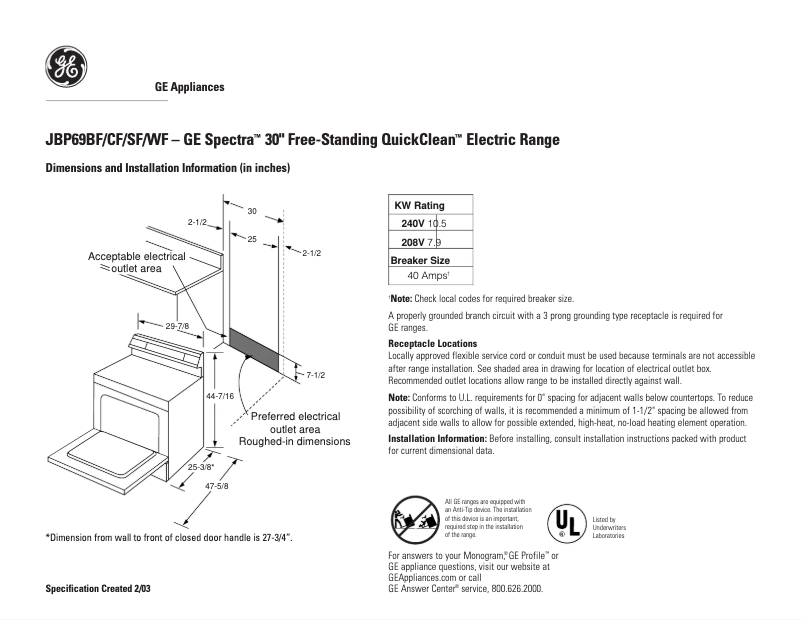 Page n°1 - Fiche technique GE JBP69SFSS