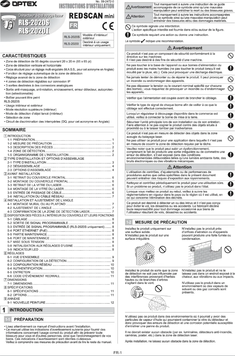 Page 1 de la notice Manuel utilisateur Optex RLS-2020I