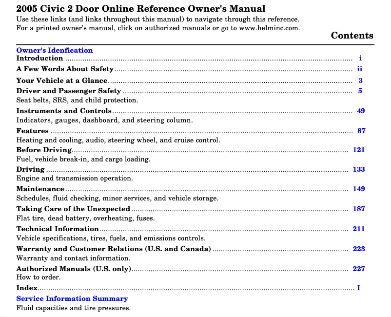 Page 1 de la notice Manuel utilisateur Honda Civic Coupe (2005)