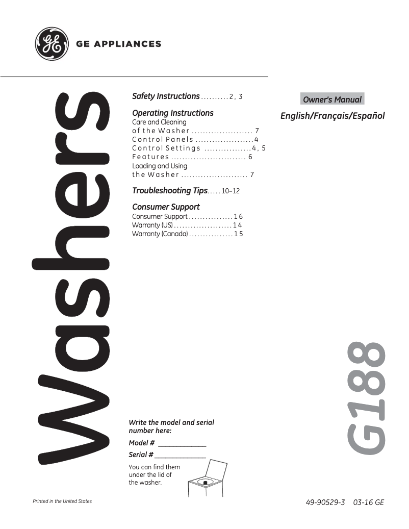 Page 1 de la notice Manuel d'utilisation et d'entretien GE GTW180SCJWW