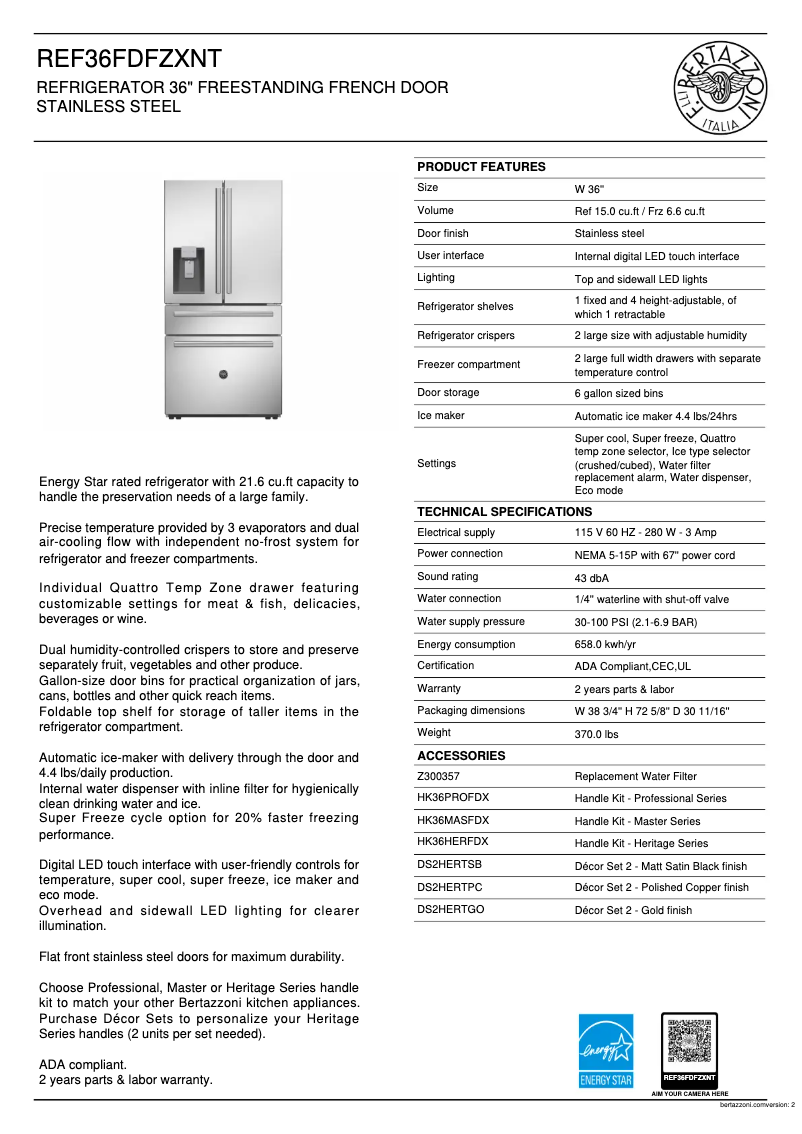 Page n°1 - Fiche technique Bertazzoni REF36FDFFZXNT