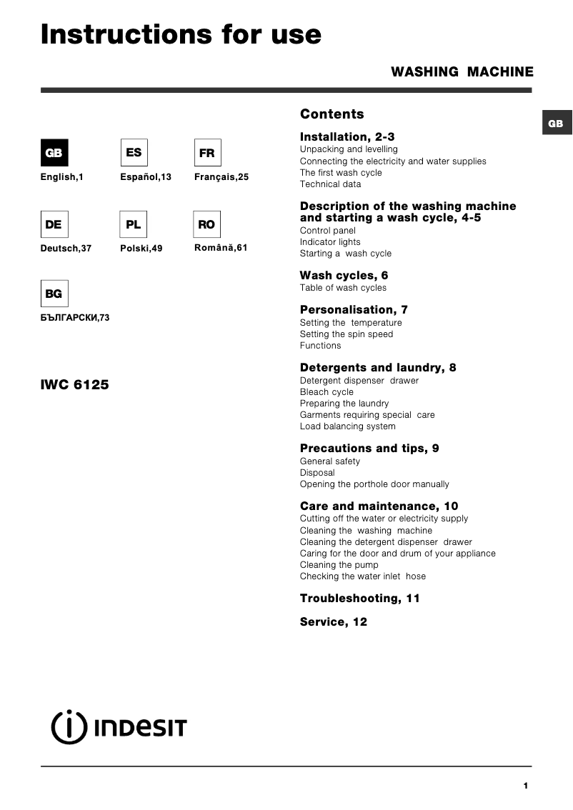 Page n°1 - Manuel utilisateur Indesit IWC 6125 (EU)