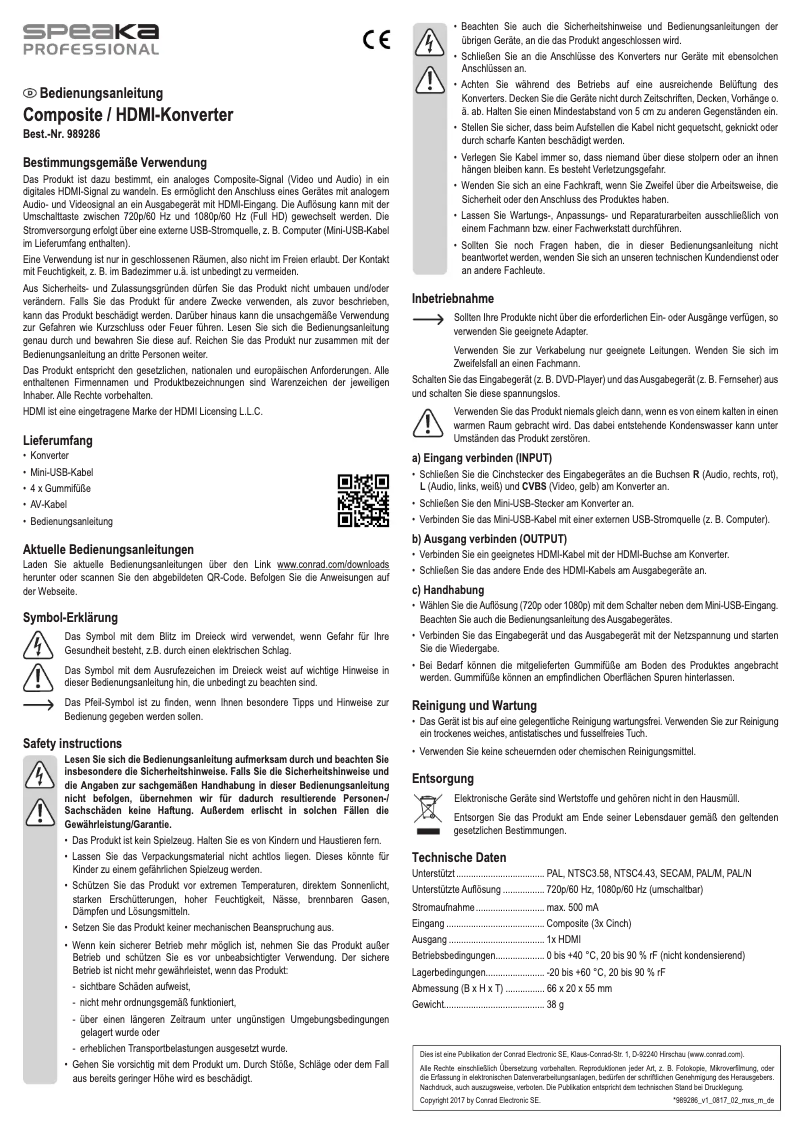 Page n°1 - Manuel utilisateur Speaka SP-AV2HDMI