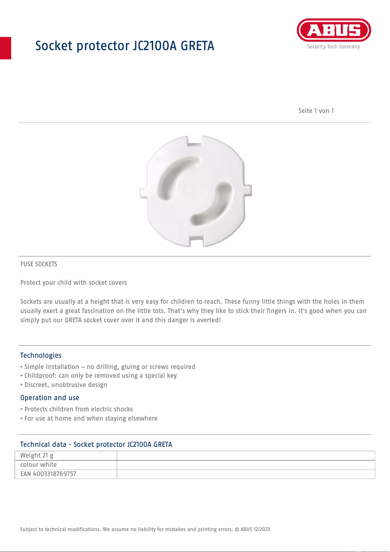 Page 1 de la notice Fiche technique Abus JC2100