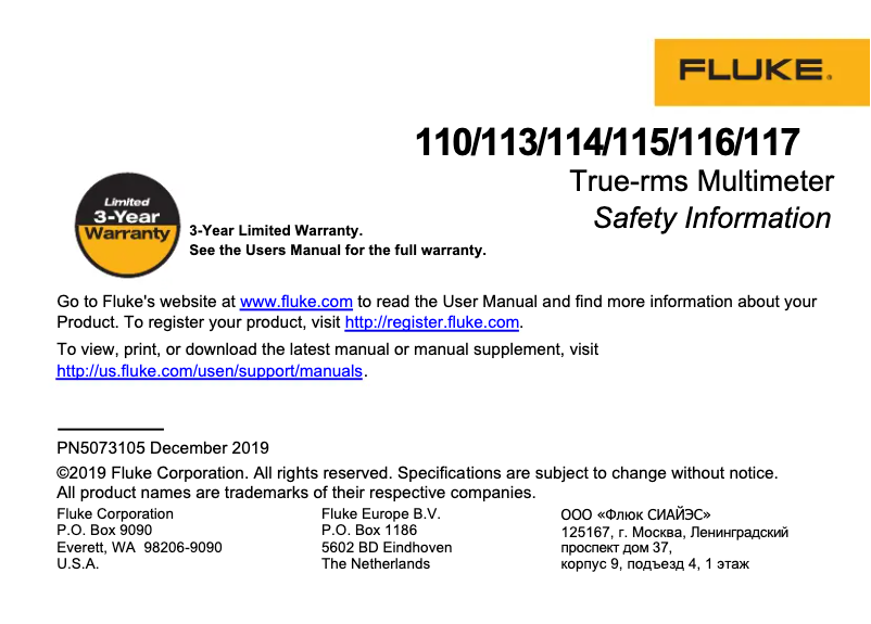 Page 1 de la notice Instructions de sécurité Fluke 114