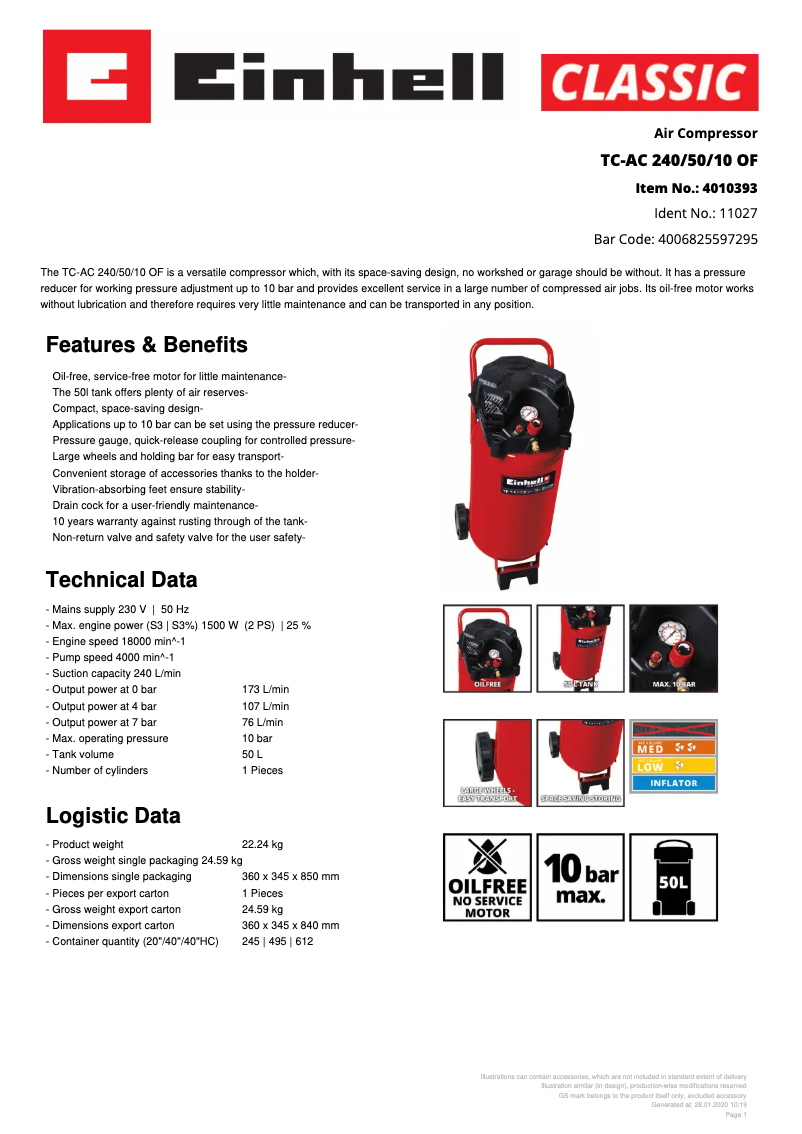 Page n°1 - Fiche technique Einhell TC-AC 240/50/10 OF