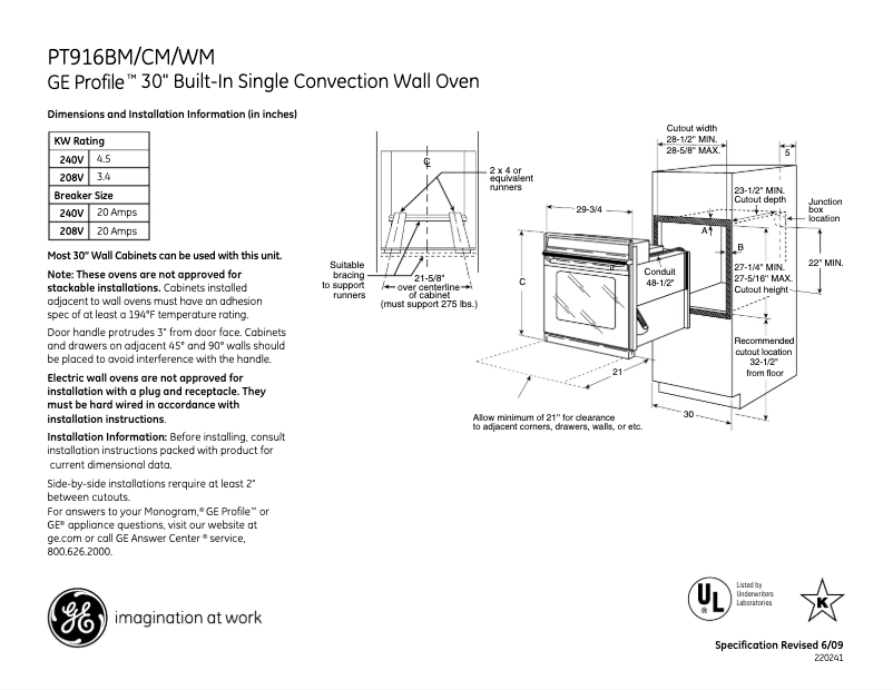 Page n°1 - Fiche technique GE Profile PT916CMCC