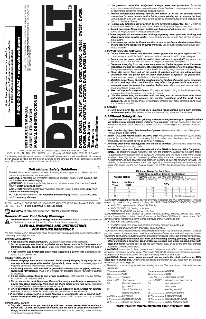 Page 1 de la notice Manuel utilisateur DeWalt DW272W