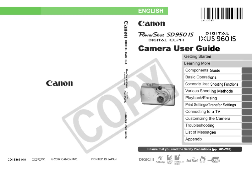 Page 1 de la notice Manuel utilisateur Canon PowerShot SD950 IS