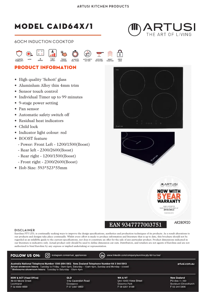 Page 1 de la notice Fiche technique Artusi CAID64X