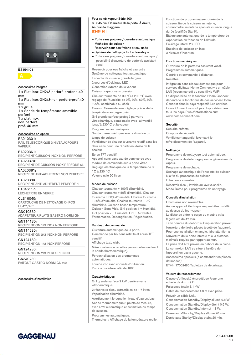 Page 1 of the manual Technical Sheet Gaggenau BS454101