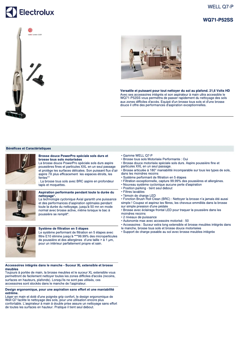 Page 1 de la notice Fiche technique Electrolux WELL Q7-P WQ71-P52SS