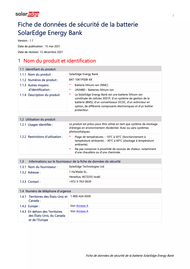 Page 1 de la notice Manuel utilisateur SolarEdge IAC-RBAT-HANDLE-01