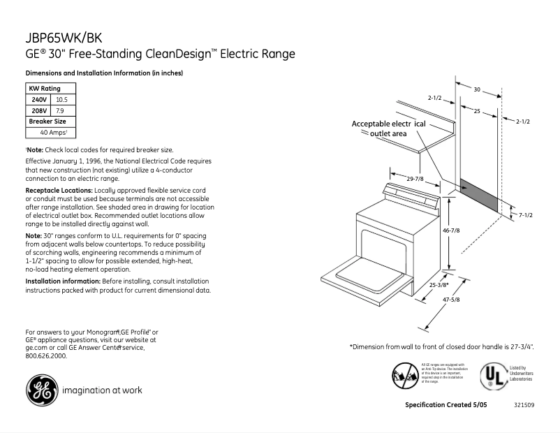 Image de la première page du manuel de l'appareil JBP65WKWW