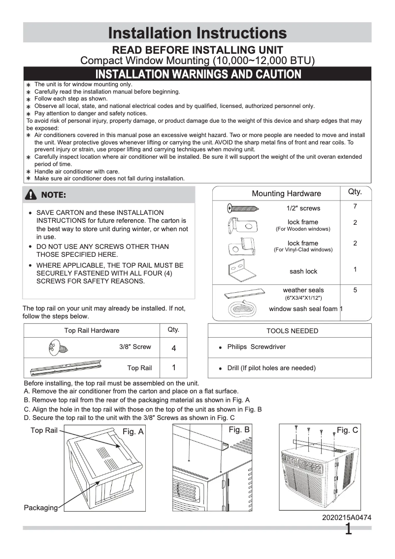 Page n°1 - Guide d'installation Frigidaire LRA107CV1