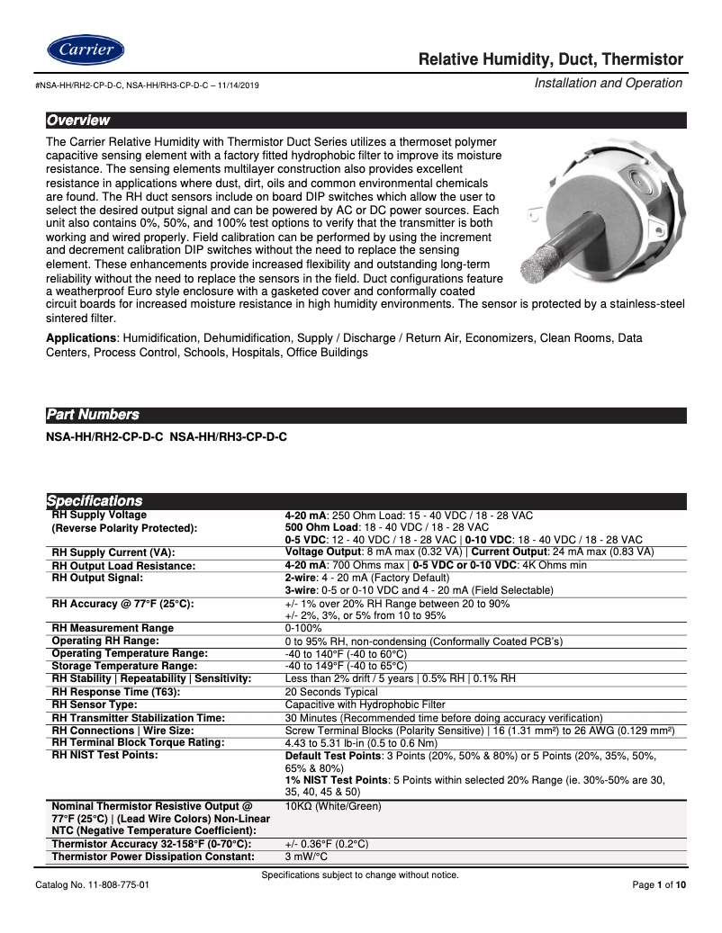 Page 1 de la notice Manuel utilisateur Carrier NSA-RH-DUCT