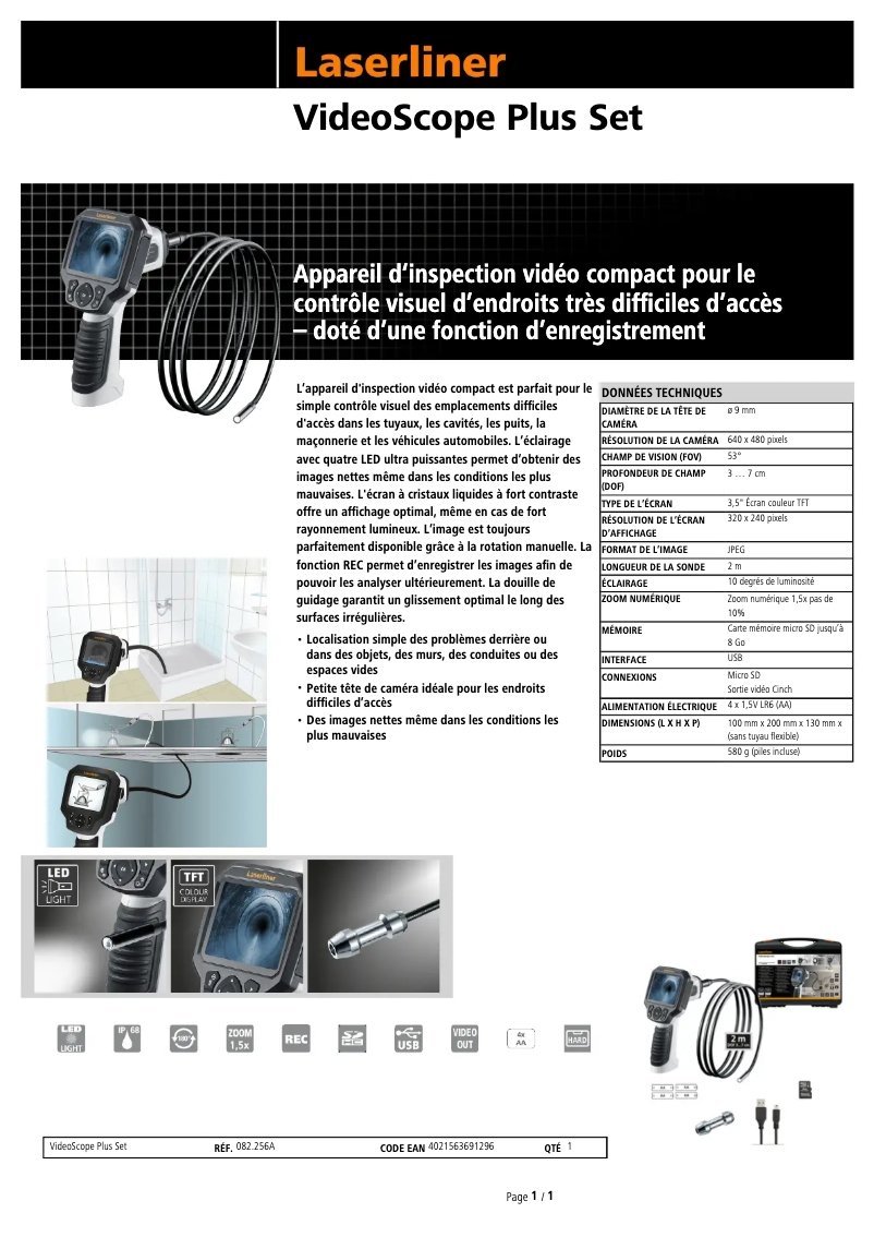 Page 1 de la notice Fiche technique Laserliner VideoScope Plus