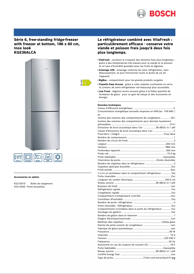 Page 1 of the manual Technical Sheet Bosch KGE36ALCA