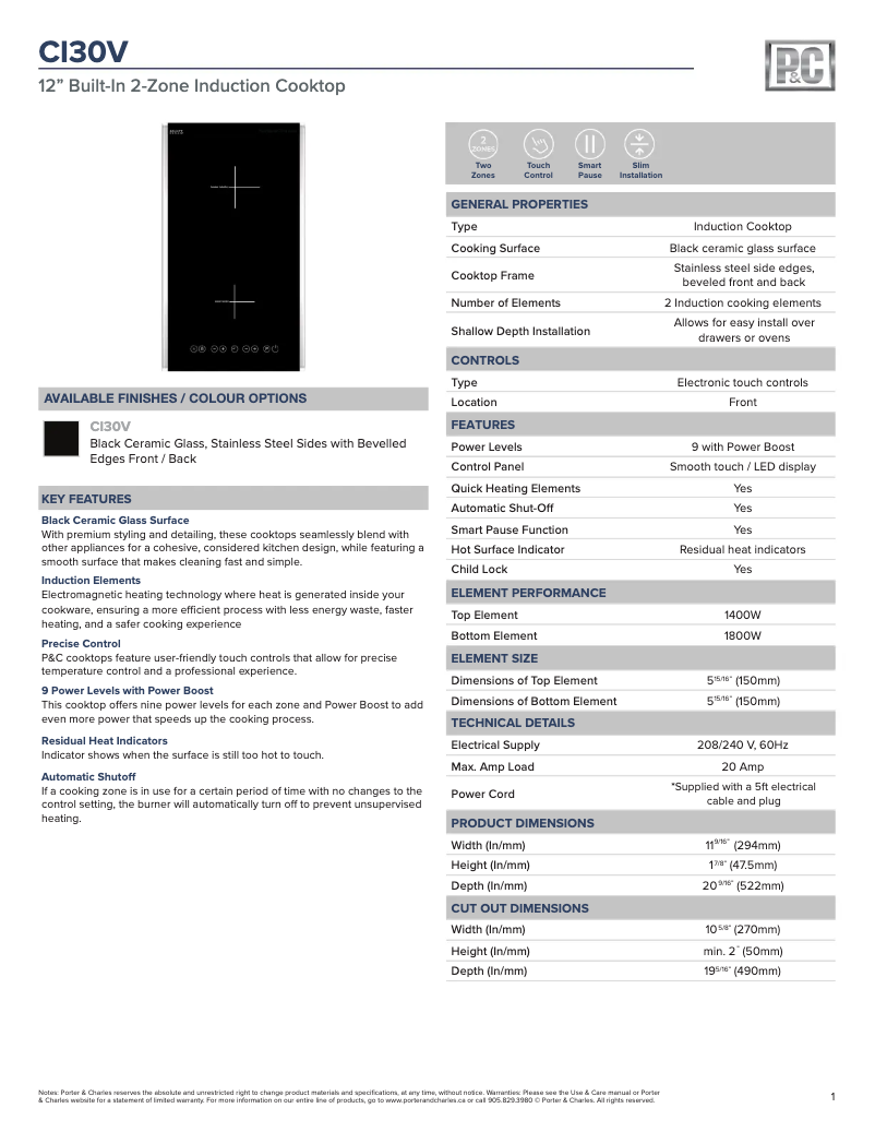 Page 1 de la notice Fiche technique Porter & Charles CI30V