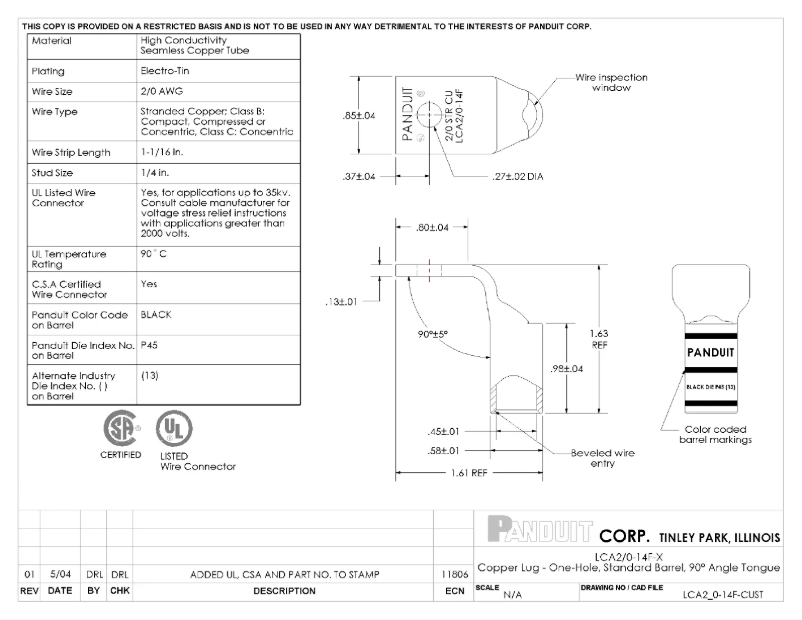 Page 1 de la notice Dessin technique Panduit LCA2/0-14F-X