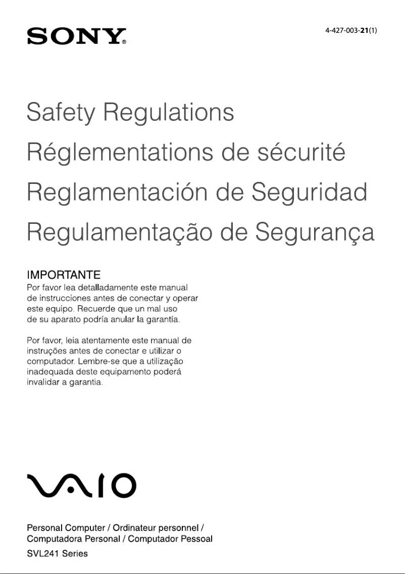 Page n°1 - Instructions de sécurité Sony Vaio SVL241190X