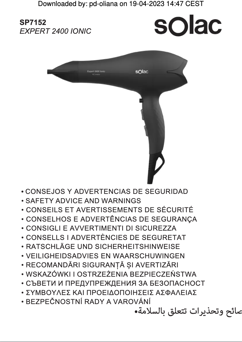 Image de la première page du manuel de l'appareil Expert 2400 Ionic SP7152