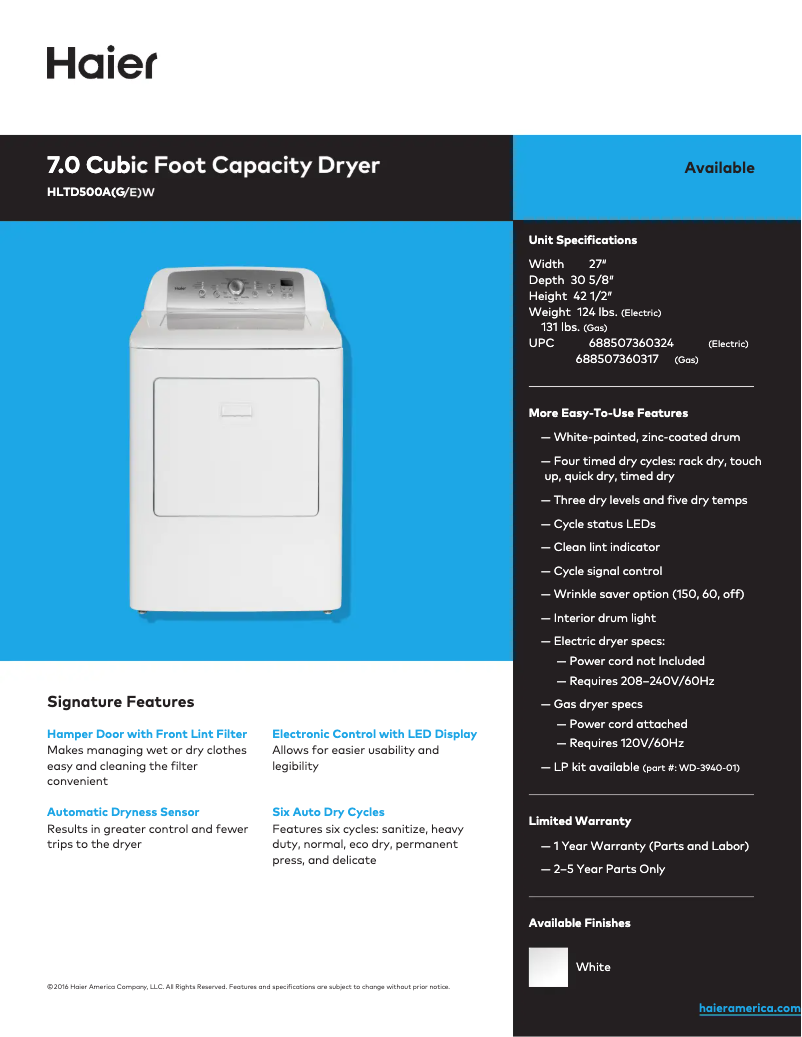 First page image of the manual for HLTD500AEW