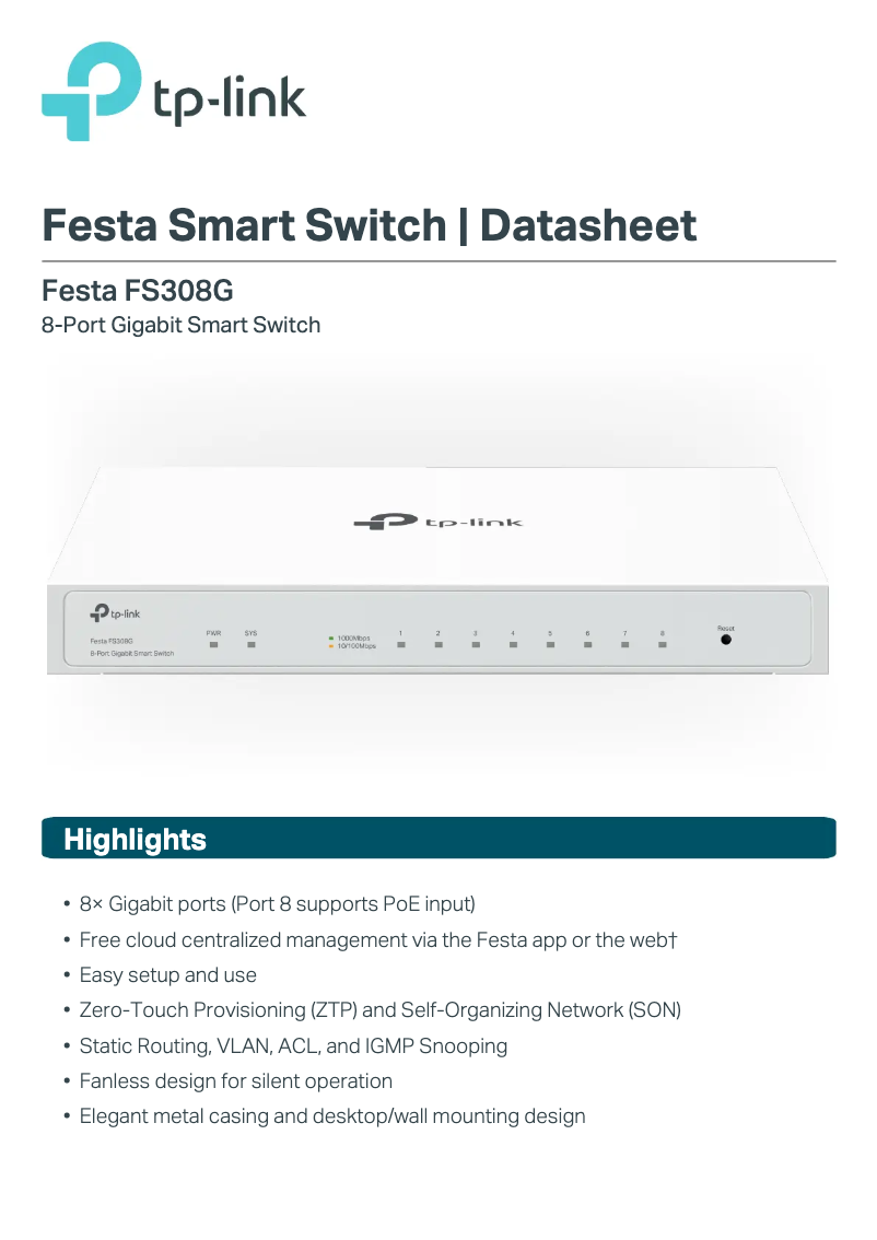 Page 1 de la notice Fiche technique TP-Link Festa FS308G