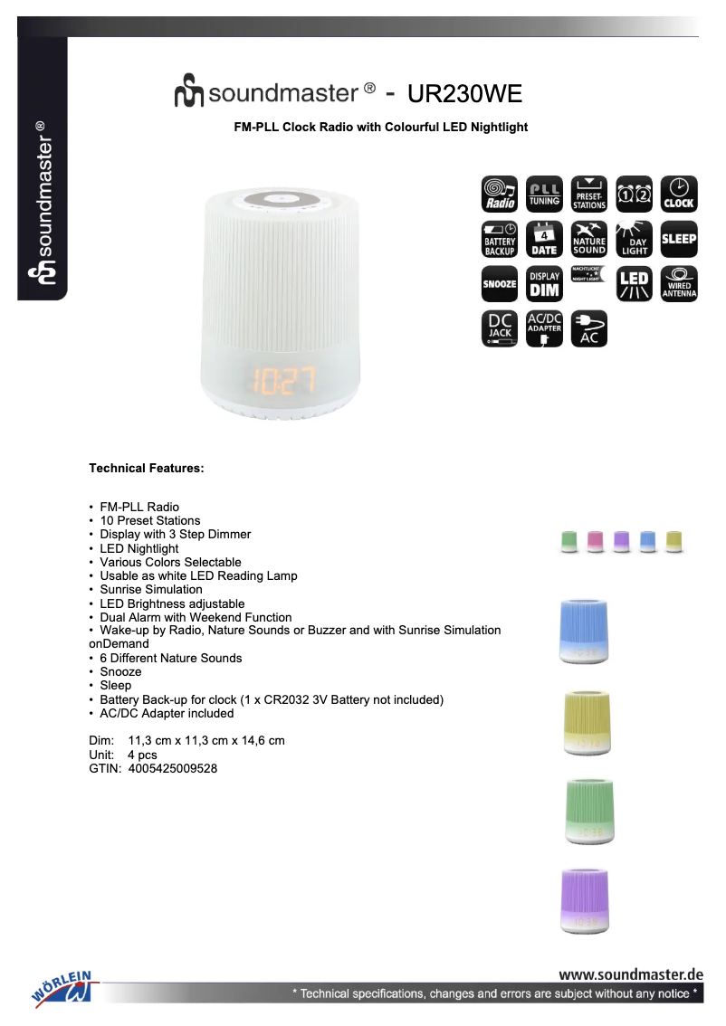 Page 1 de la notice Fiche technique Soundmaster UR230WE