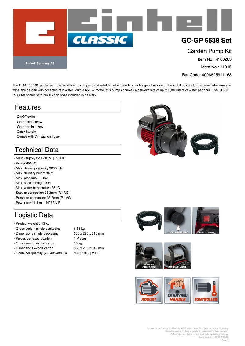 Page 1 de la notice Fiche technique Einhell GC-GP 6538 Set