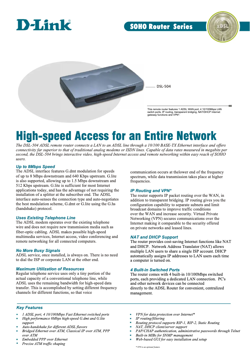 Page n°1 - Fiche technique D-Link DSL-504