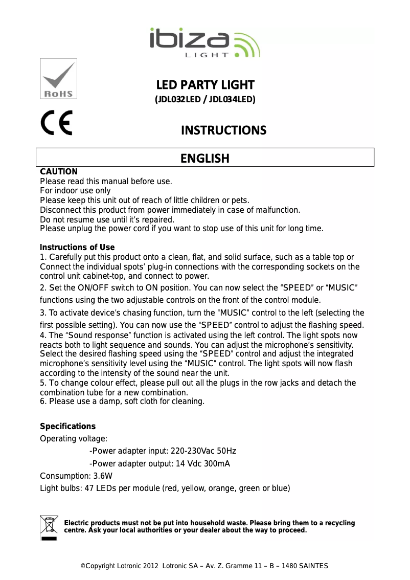 Page n°1 - Manuel utilisateur Lotronic JDL032LED