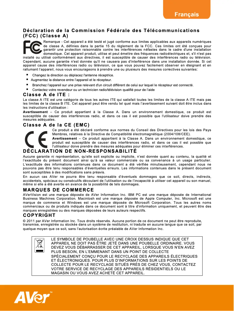 Page 1 de la notice Manuel utilisateur AVer AVerVision CP135