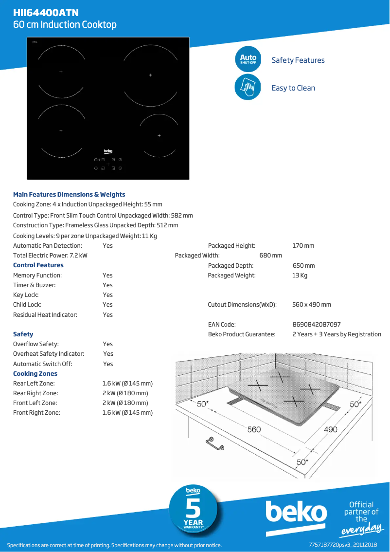 Page 1 de la notice Fiche technique Beko HII64400ATN