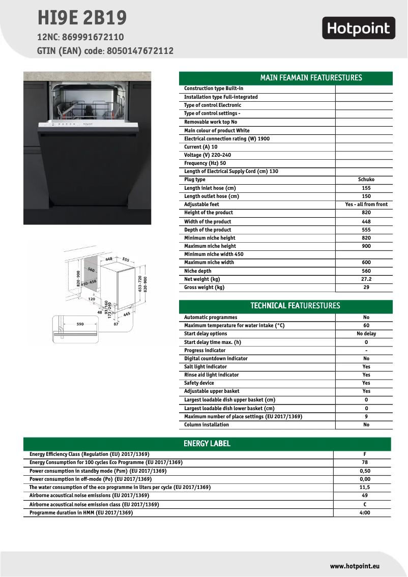 Page 1 de la notice Fiche technique Hotpoint HI9E 2B19
