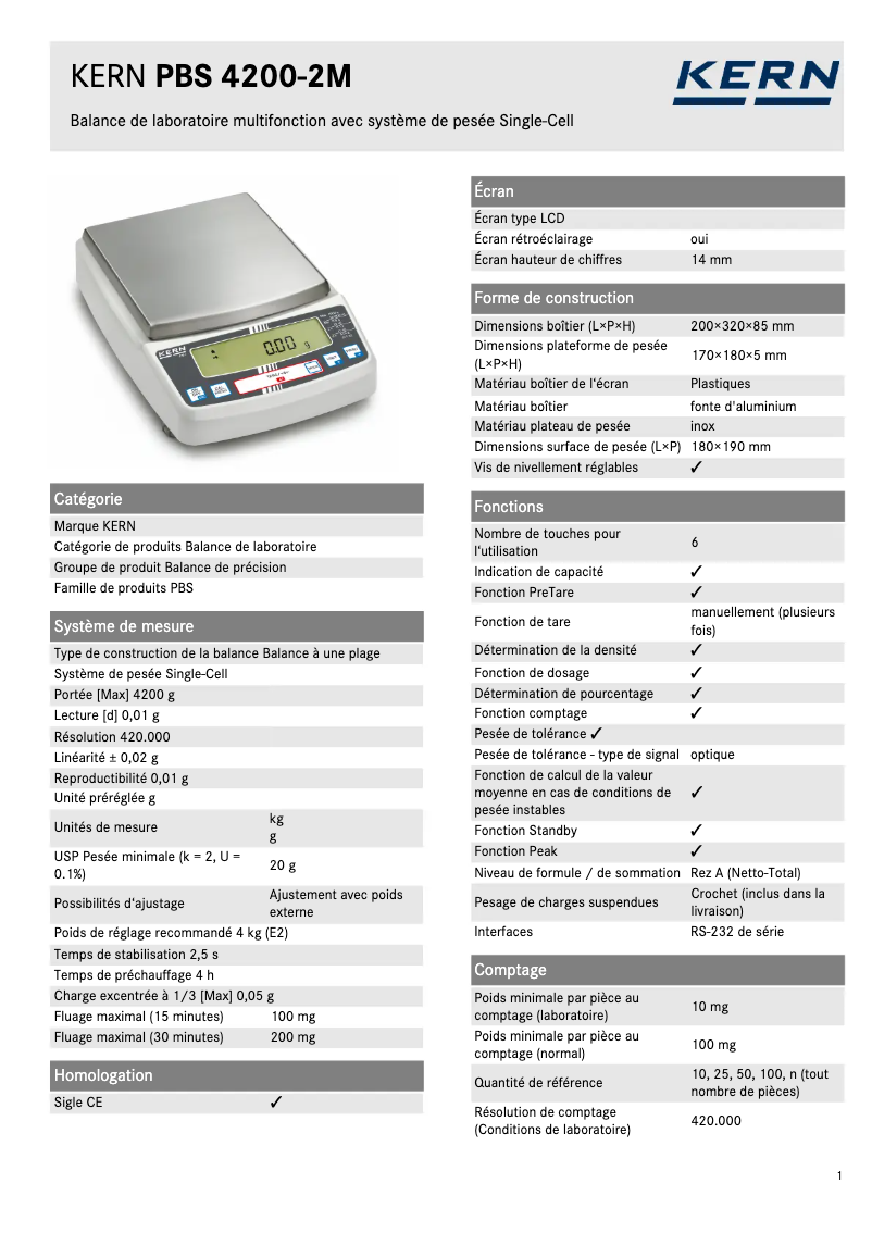 Page 1 de la notice Fiche technique Kern PBS 4200-2M