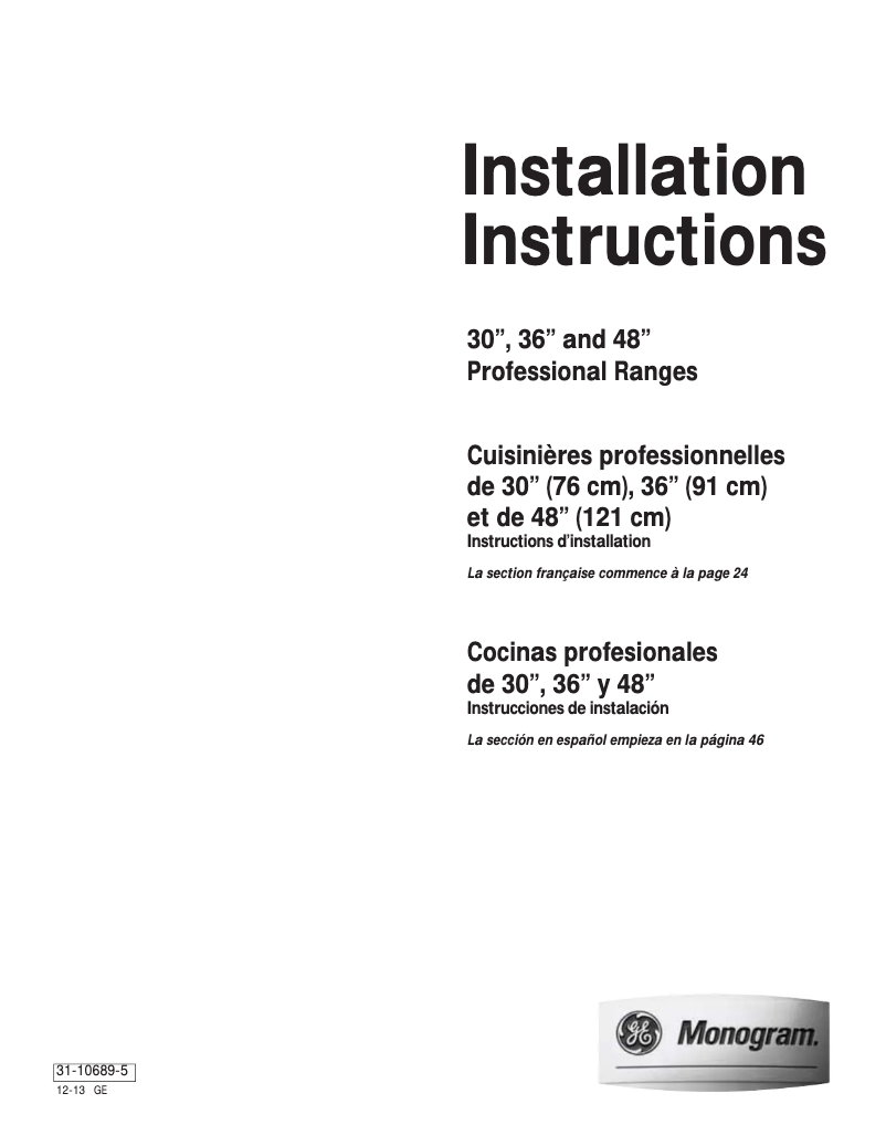 Page n°1 - Guide d'installation GE ZDP484LGPSS
