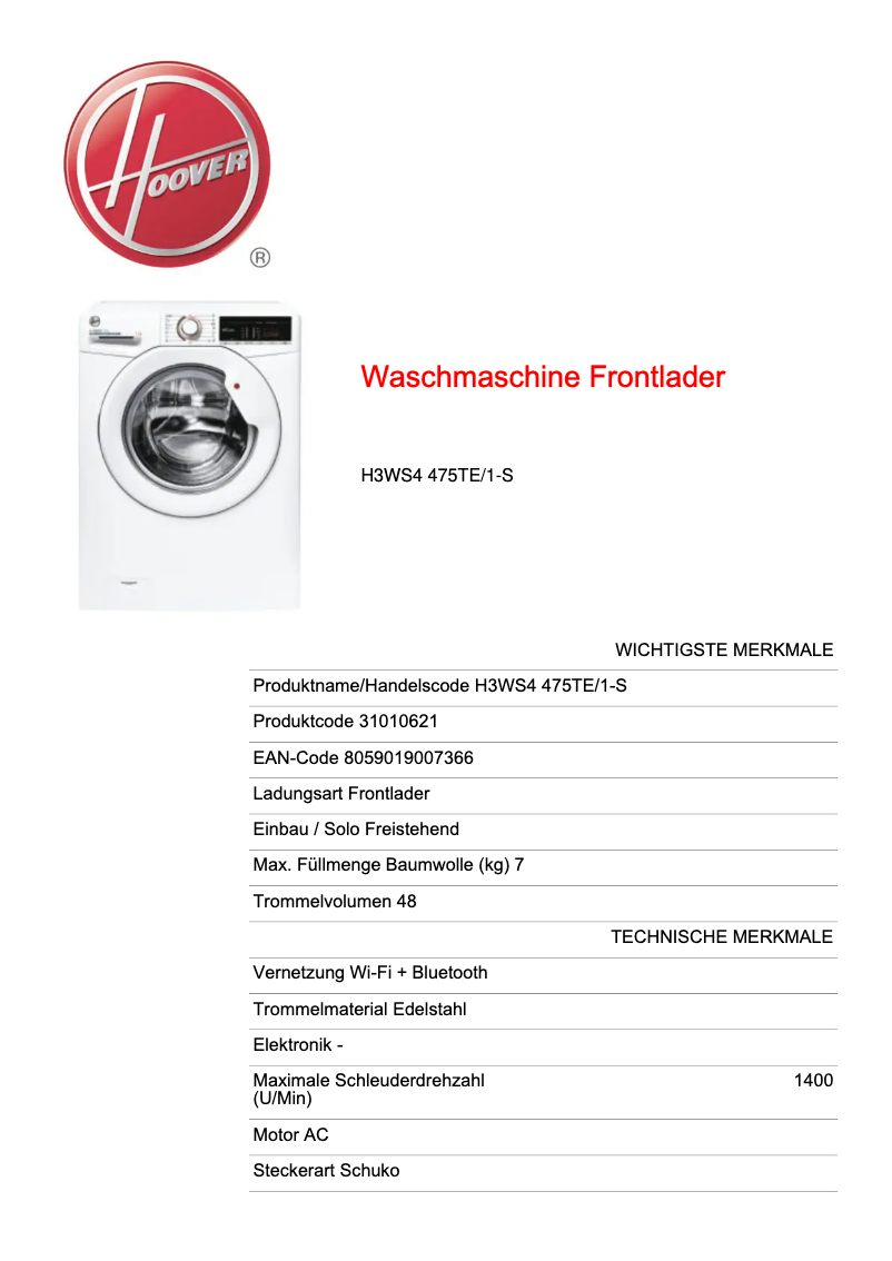Page n°1 - Fiche technique Hoover H3WS4 475TE/1-S