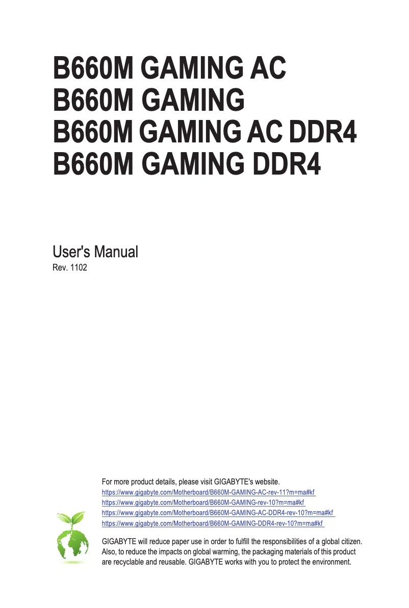 Page 1 de la notice Manuel utilisateur Gigabyte B660M Gaming AC DDR4