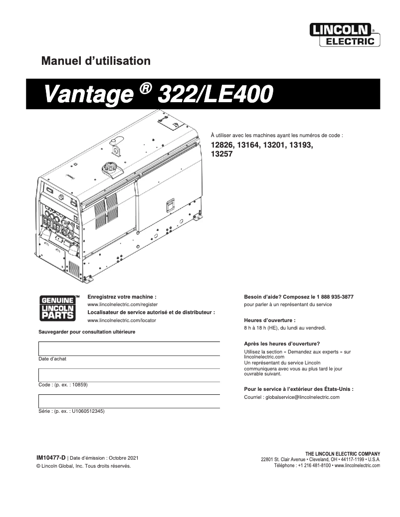 Page 1 de la notice Manuel utilisateur Lincoln Electric Vantage 322
