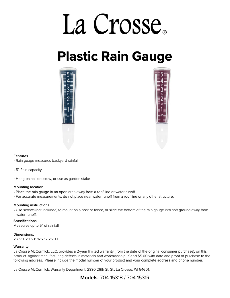 Page n°1 - Manuel utilisateur La Crosse Technology 704-1531R