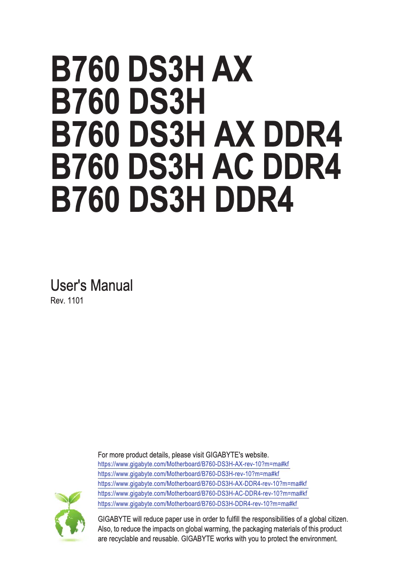 Page 1 de la notice Manuel utilisateur Gigabyte B760 DS3H AC DDR4