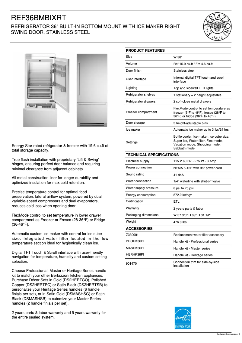 Page 1 de la notice Fiche technique Bertazzoni REF36BMBIXRT