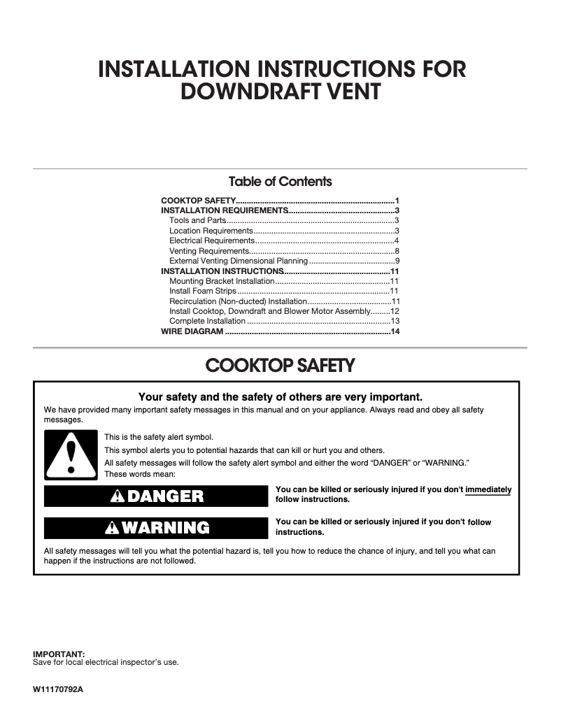 Page n°1 - Guide d'installation JennAir JVD0303GS
