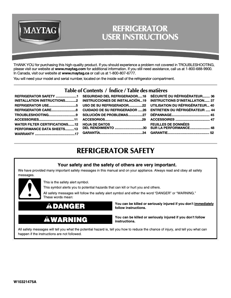 Page 1 de la notice Manuel utilisateur Maytag MSD2578VEB