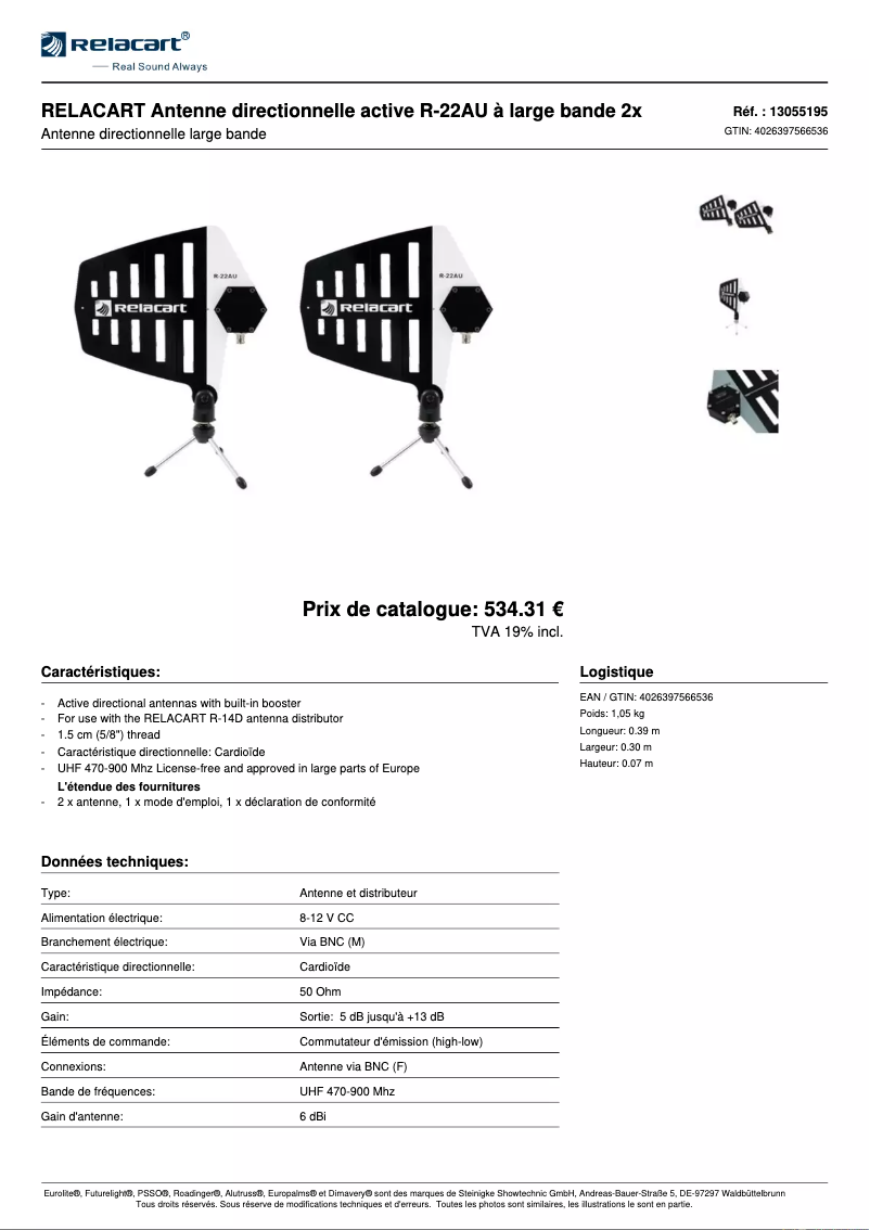 Page n°1 - Fiche technique Relacart R-22AU