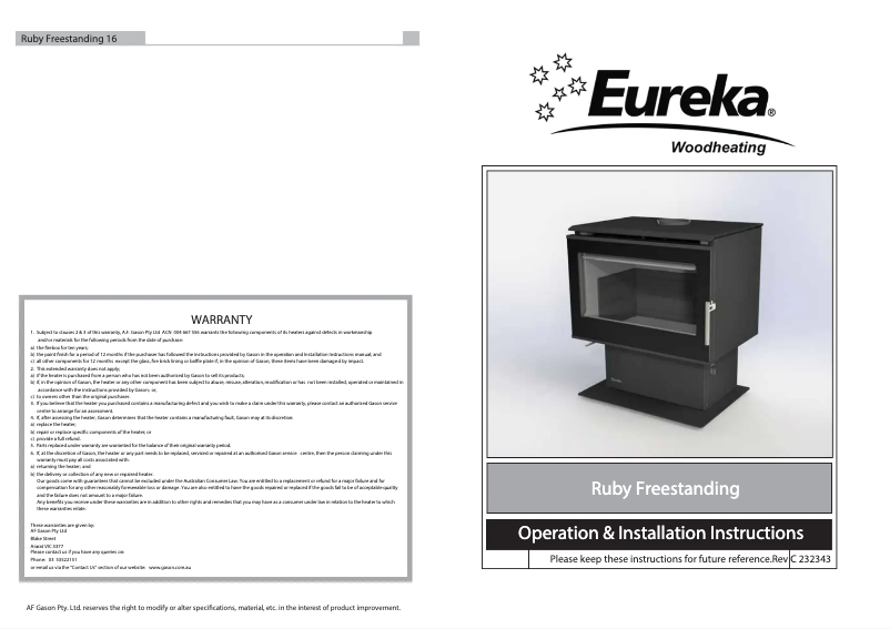Page n°1 - Manuel utilisateur Eureka Ruby Freestanding