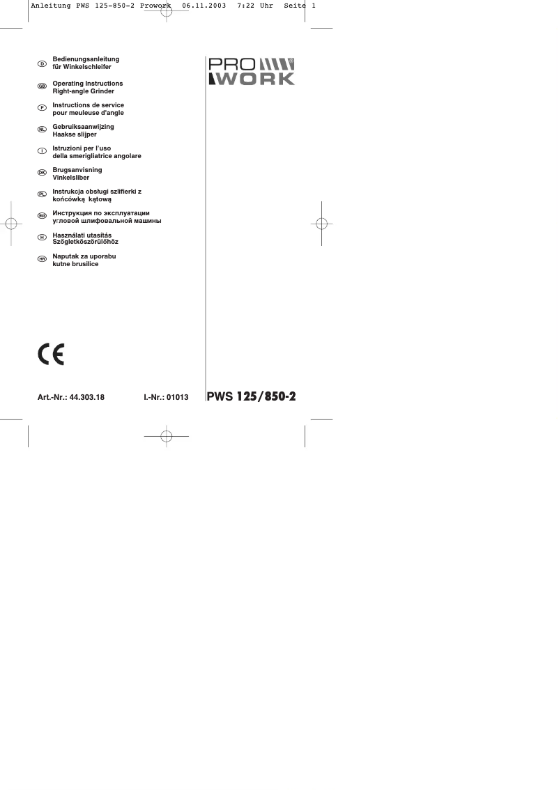 Page n°1 - Manuel utilisateur Prowork PWS 125/850-3