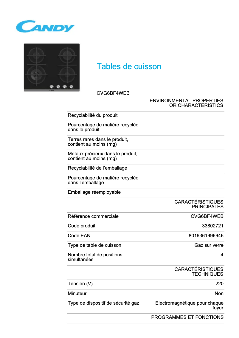 Page 1 de la notice Fiche technique Candy CVG6BF4WEB