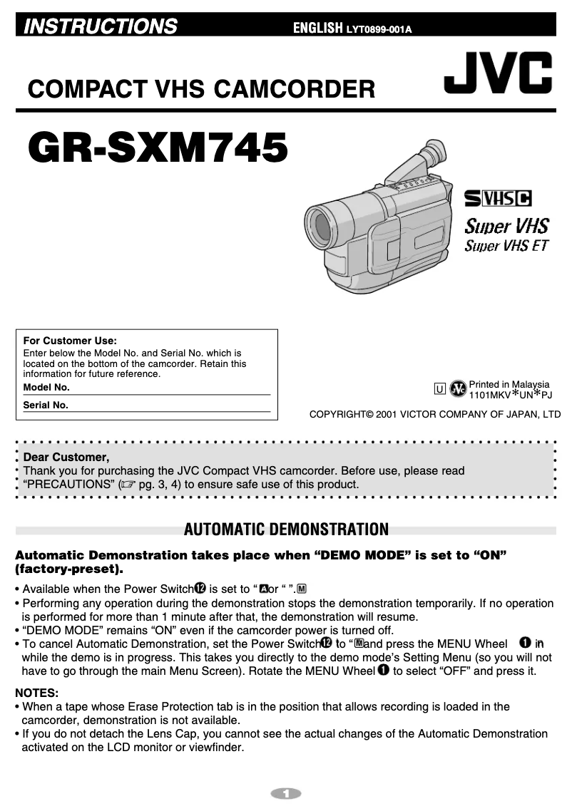 Page n°1 - Manuel utilisateur JVC GR-SXM240